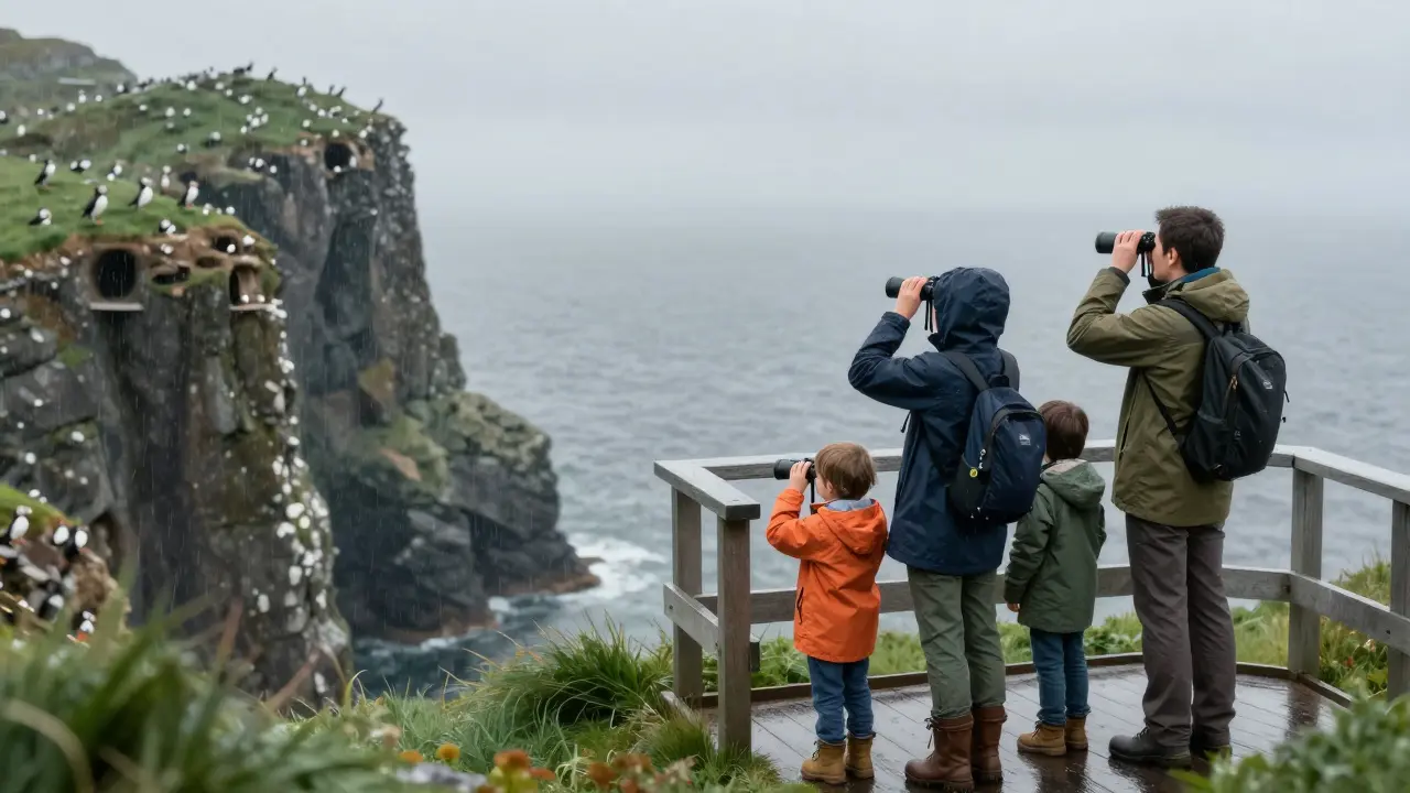 Tourists with binoculars watching puffins from a coastal viewpoint