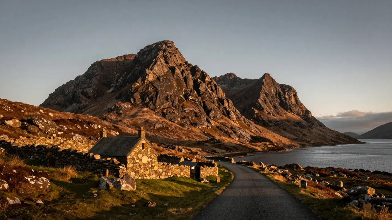 Traditional croft house on Isle of Skye with dramatic mountain backdrop