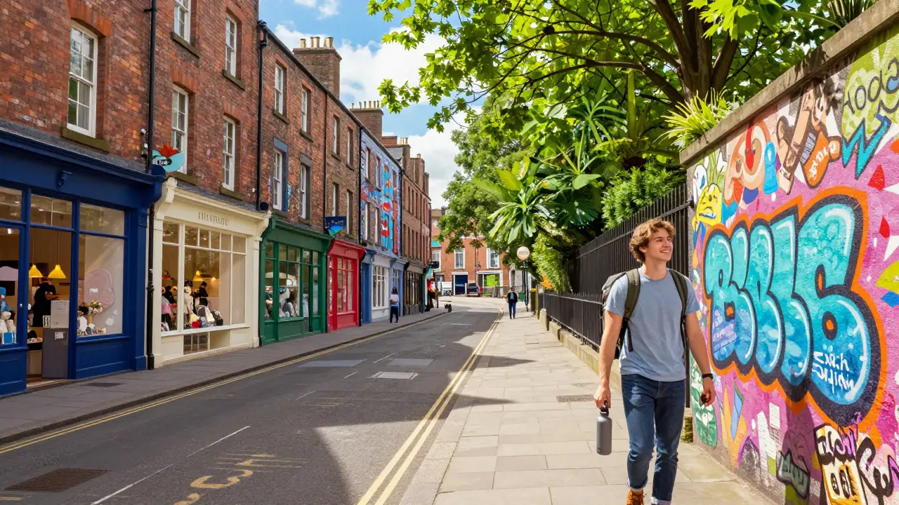 Traveler enjoying colorful street art and shops in Glasgow's vibrant West End.