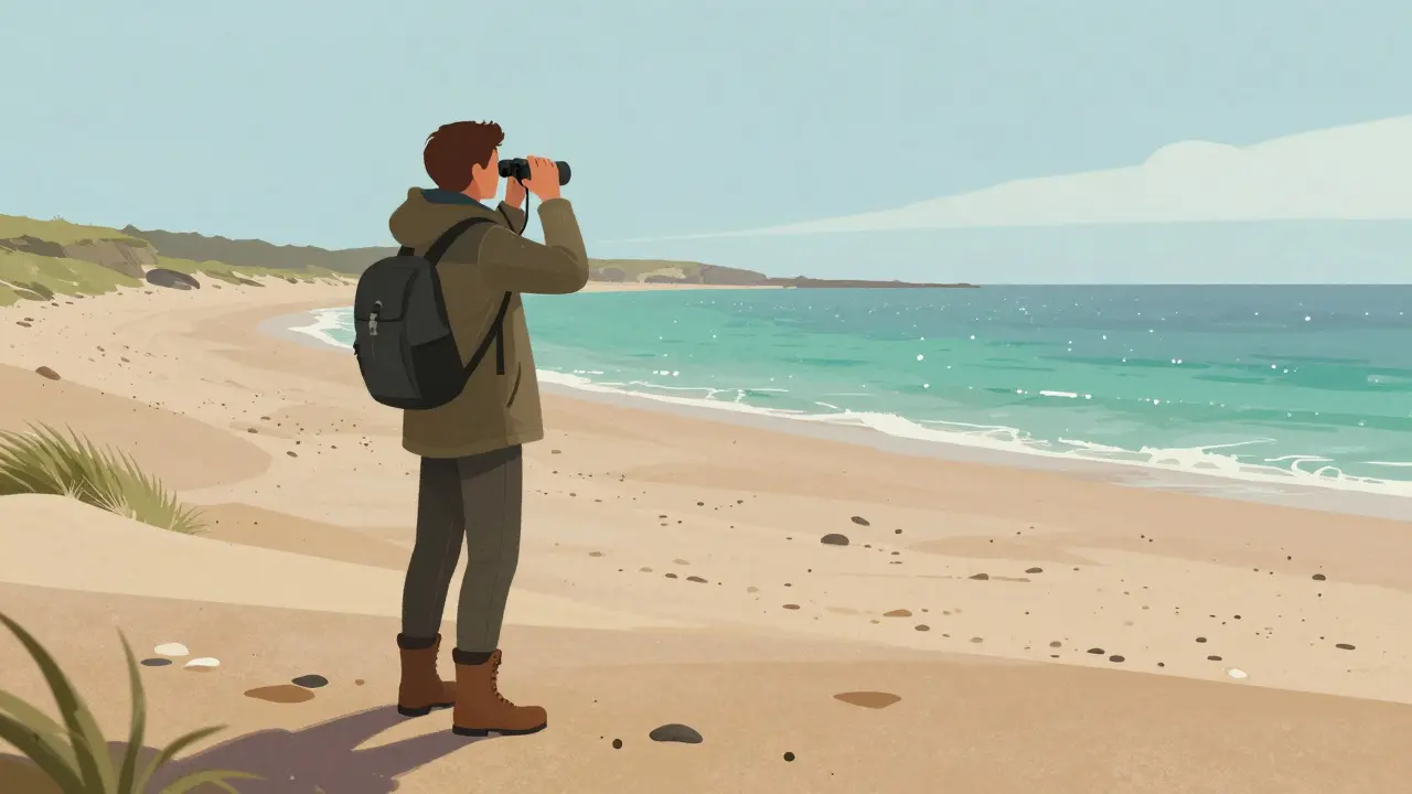 Traveler in warm layers observing wildlife on Luskentyre Beach