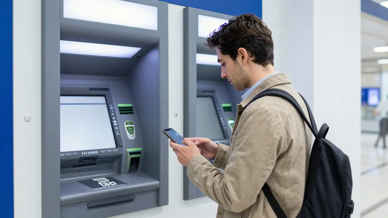 Traveler using an ATM and checking phone in a bank