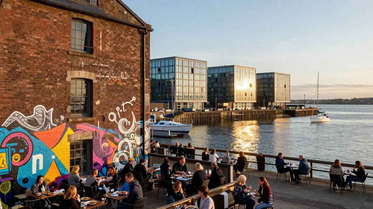 Vibrant Leith waterfront with street art and dining