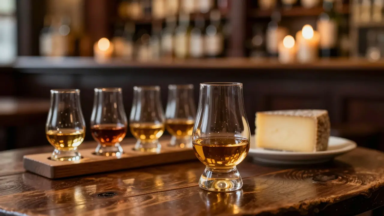 Whisky tasting flight with cheese in a cozy pub