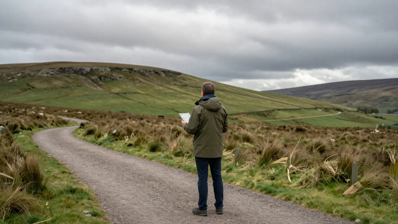 A visitor reflecting quietly on a path overlooking a historic Scottish battlefield