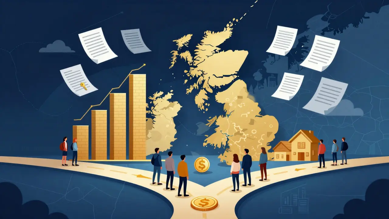 Abstract illustration of Scotland's rental market showing housing costs and legal complexities