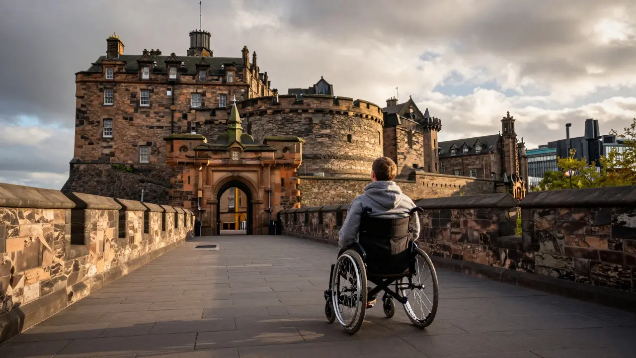 Accessible ramp leading to Edinburgh Castle under a dramatic sky
