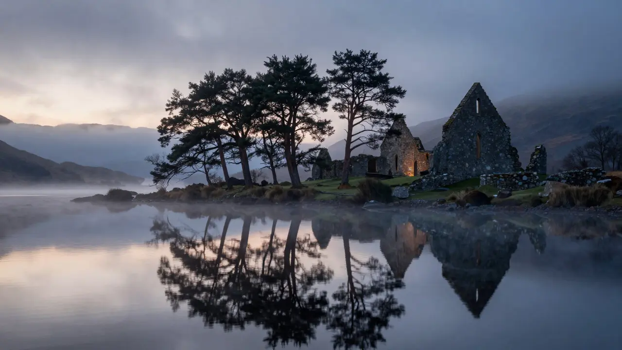 Ancient church ruins by a misty loch surrounded by pine trees at twilight