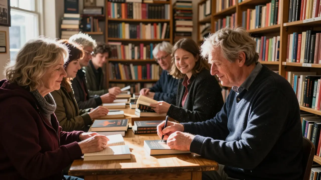 Author signing books for readers in a cozy Wigtown bookstore