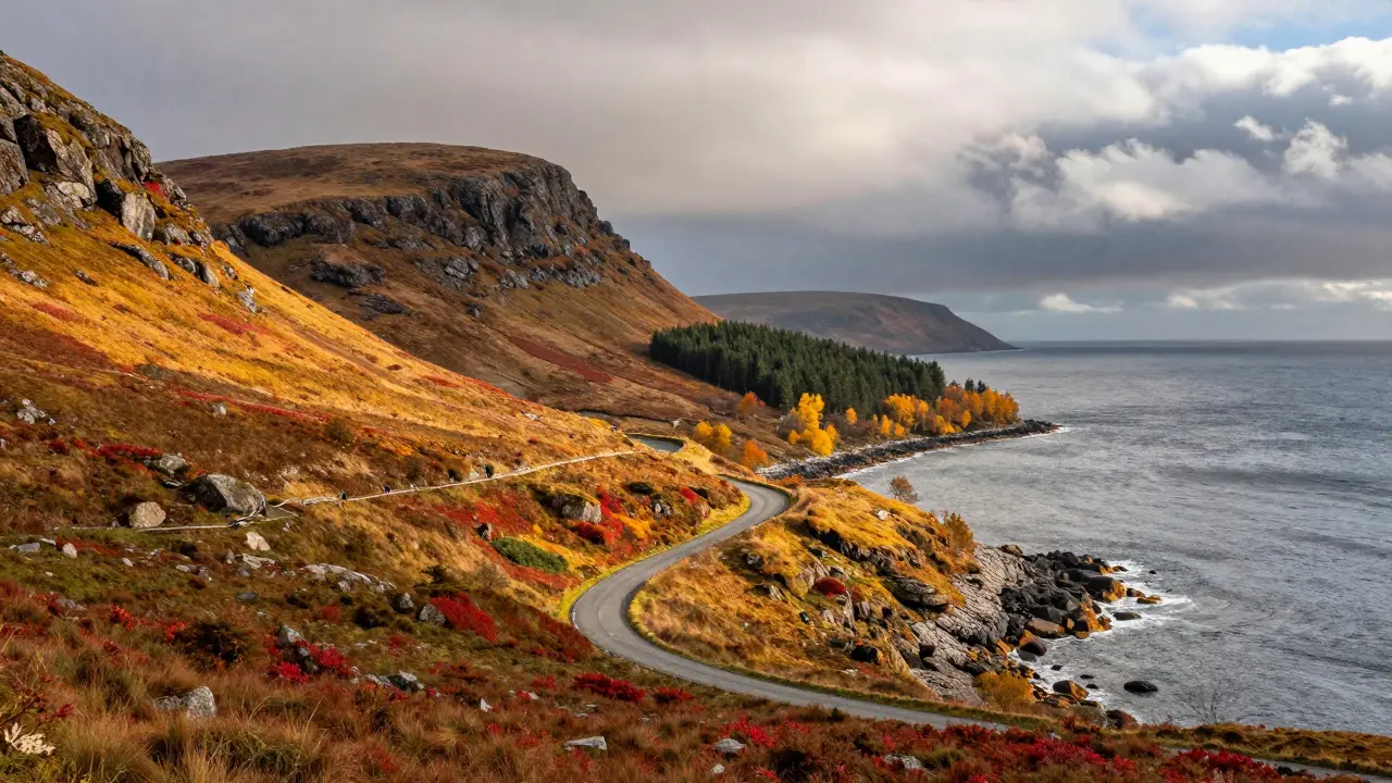 Autumn colors along the winding NC500 coastal road