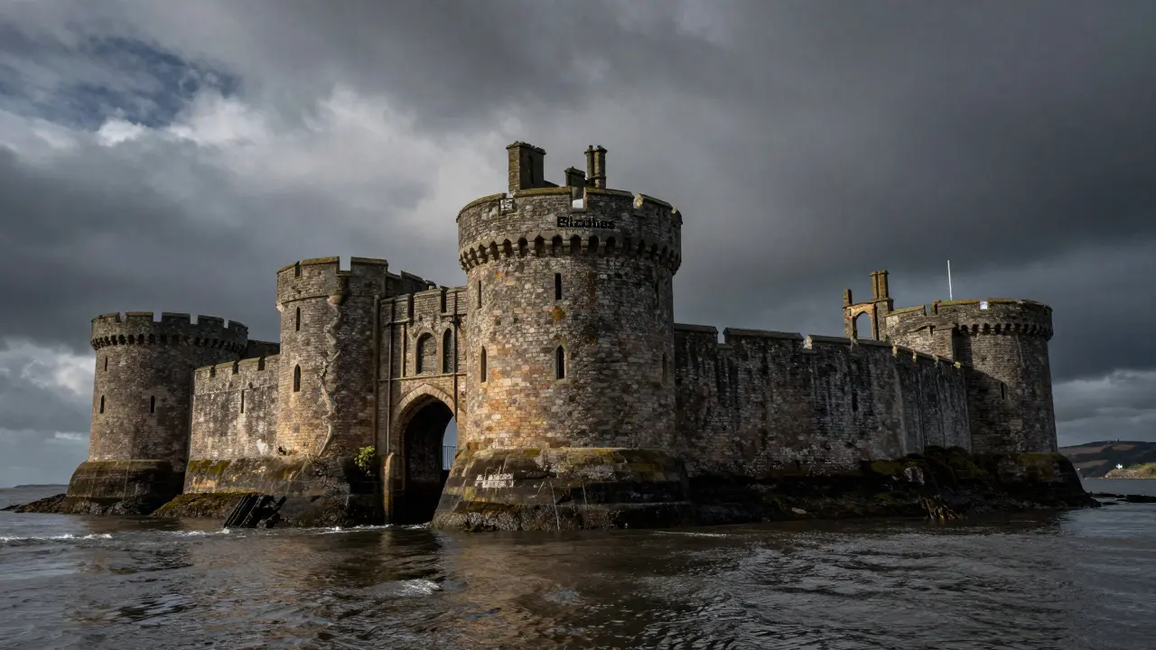 Blackness Castle fortress emerging from the Firth of Forth under stormy skies