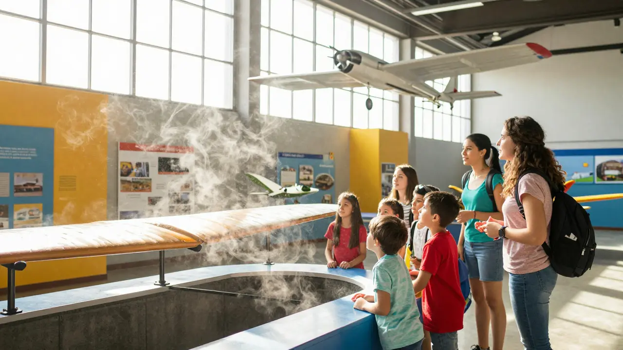 Children exploring interactive wind tunnel exhibit in museum