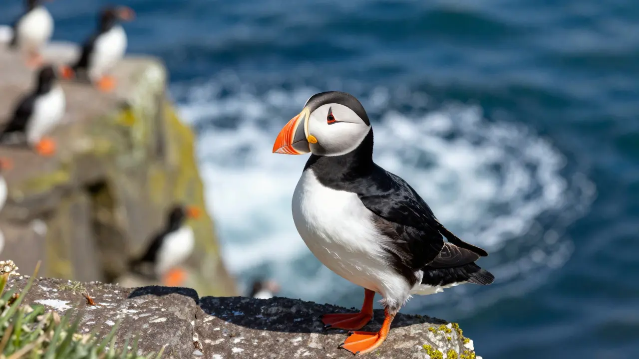 Close-up of an Atlantic Puffin on a rocky Scottish cliff with crashing waves