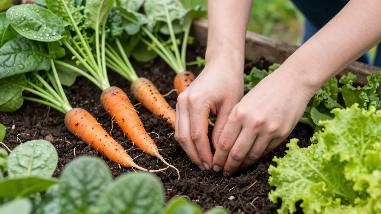 Close-up of hands planting seeds among fresh vegetables in rich soil