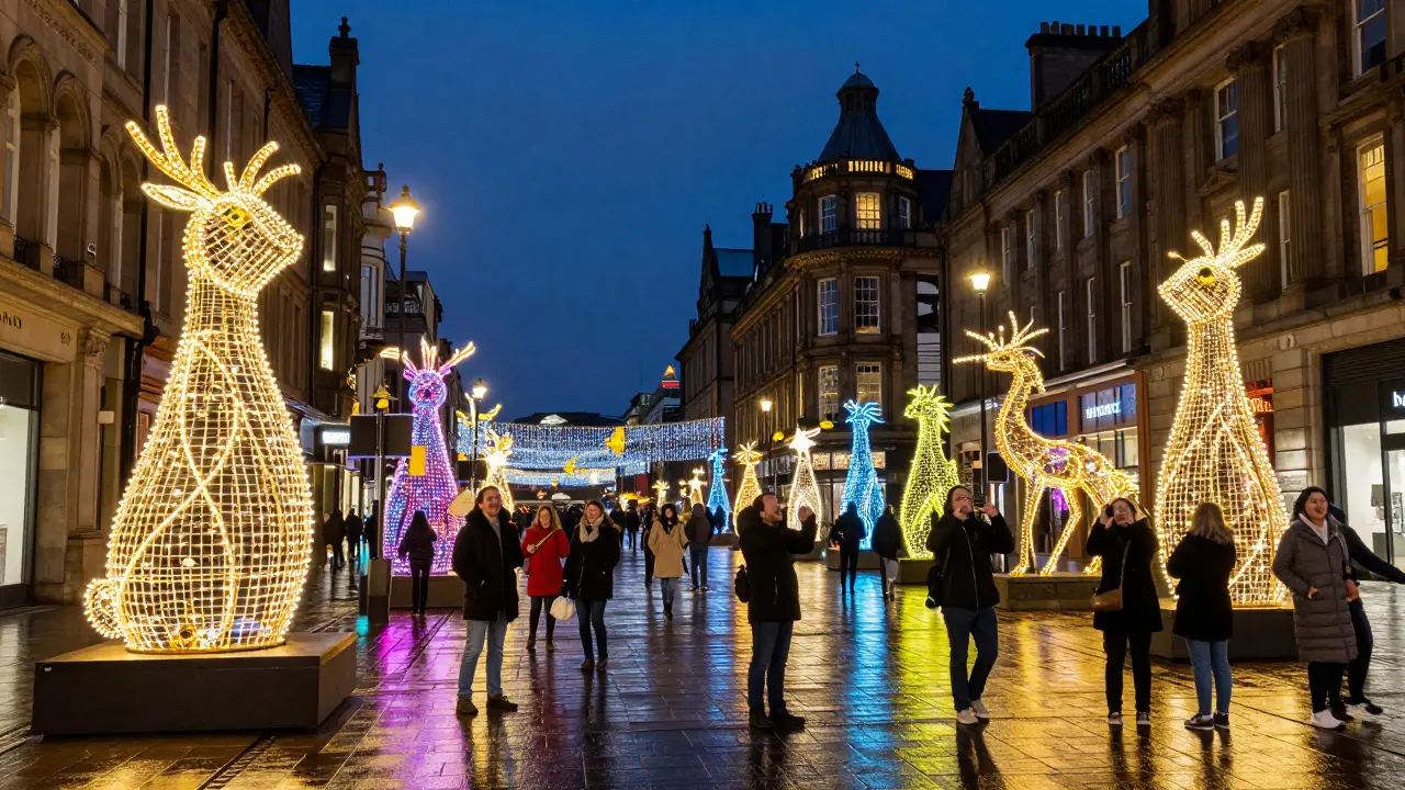 Colorful light sculptures and crowds enjoying Glasgow's Winter Lights on Buchanan Street