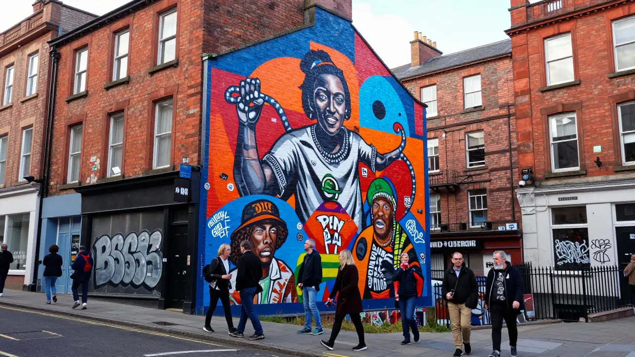 Colorful street art mural on a brick wall in Glasgow's diverse Southside