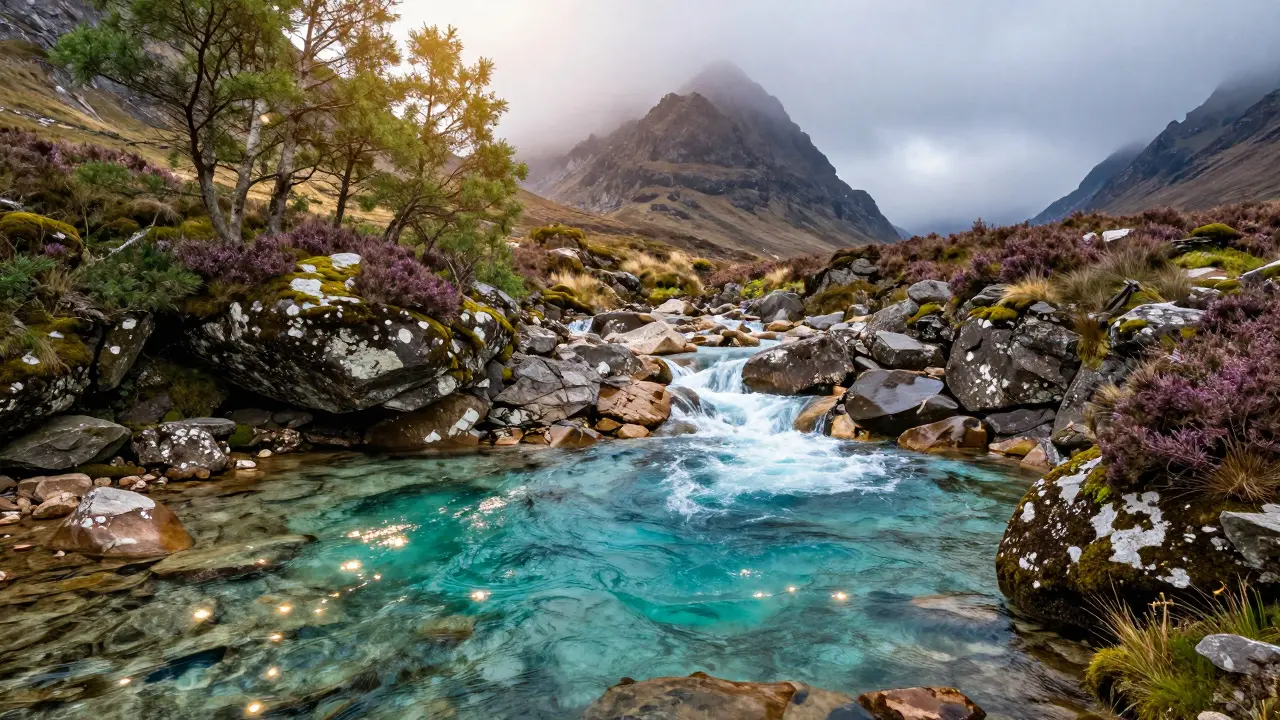 Crystal clear turquoise Fairy Pools with Cuillin Hills in background