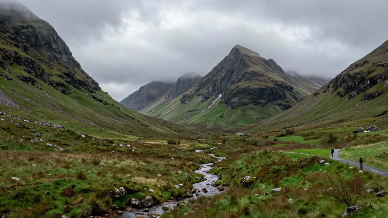 Dramatic view of Glen Coe mountains and misty valley in the Highlands