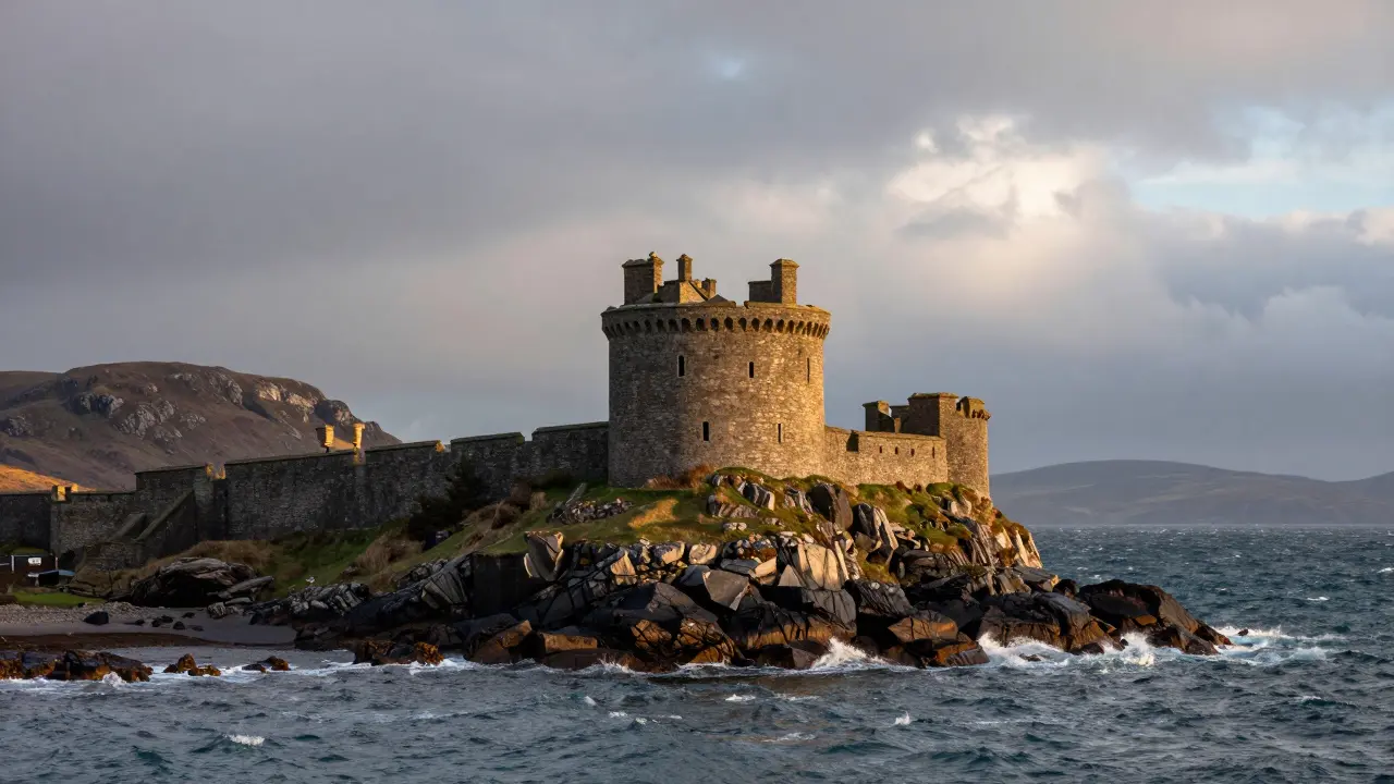 Dunstaffnage Castle on a rocky promontory overlooking the wild Scottish sea