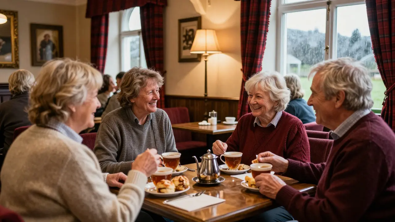 Elderly group relaxing with tea in cozy Scottish hotel lounge
