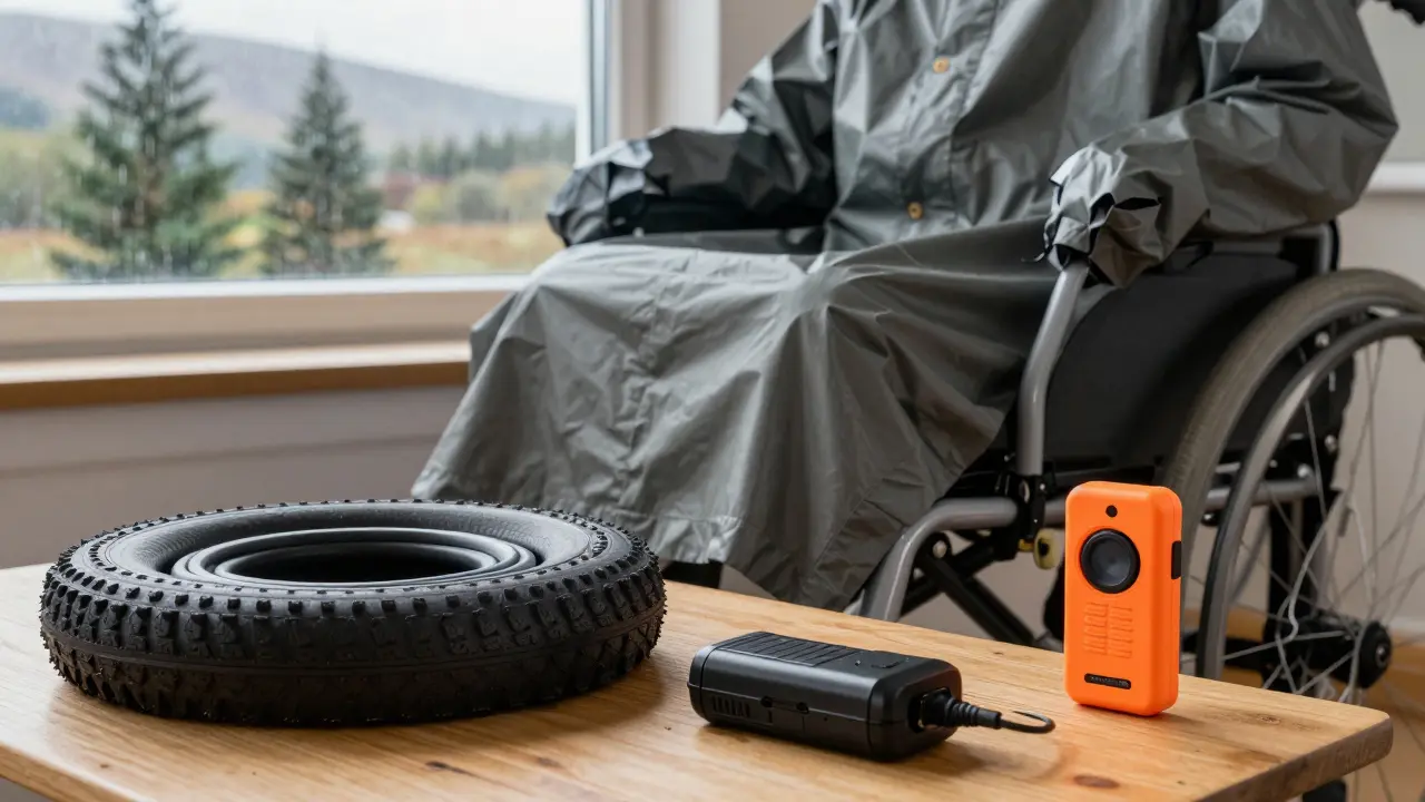 Essential gear like rain covers and batteries for wheelchair travel