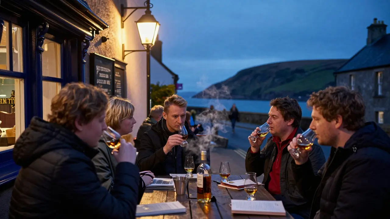 Friends enjoying whisky and conversation outside a Wigtown pub
