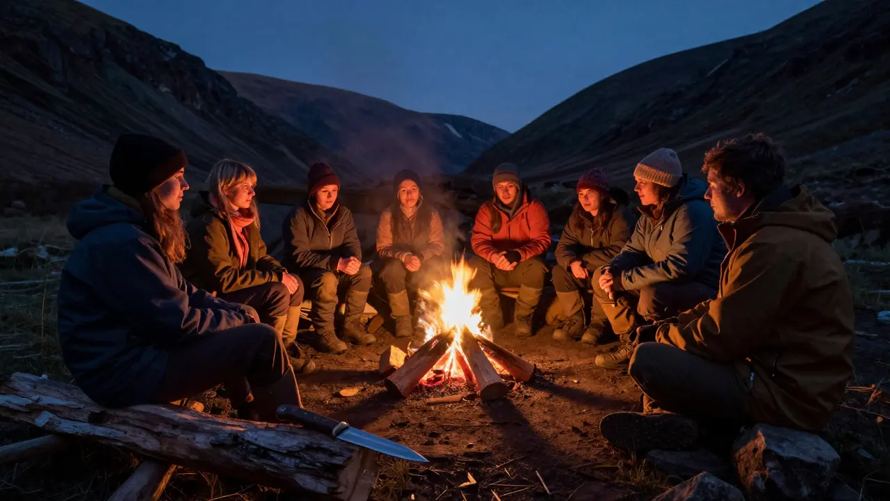 Group by campfire near shelter in Scottish glen