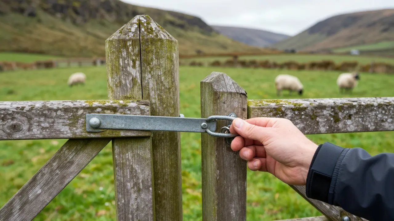 Hand closing a wooden farm gate in a green Scottish field