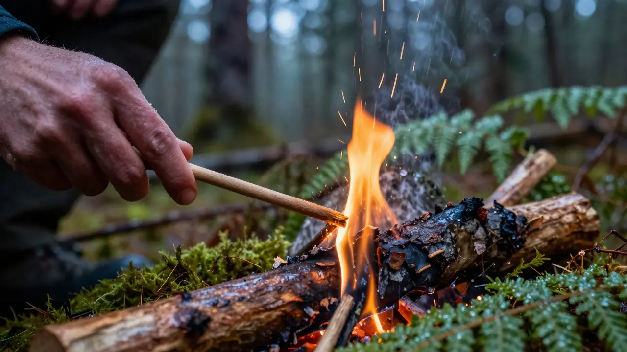Hands making fire with ferro rod in wet woods