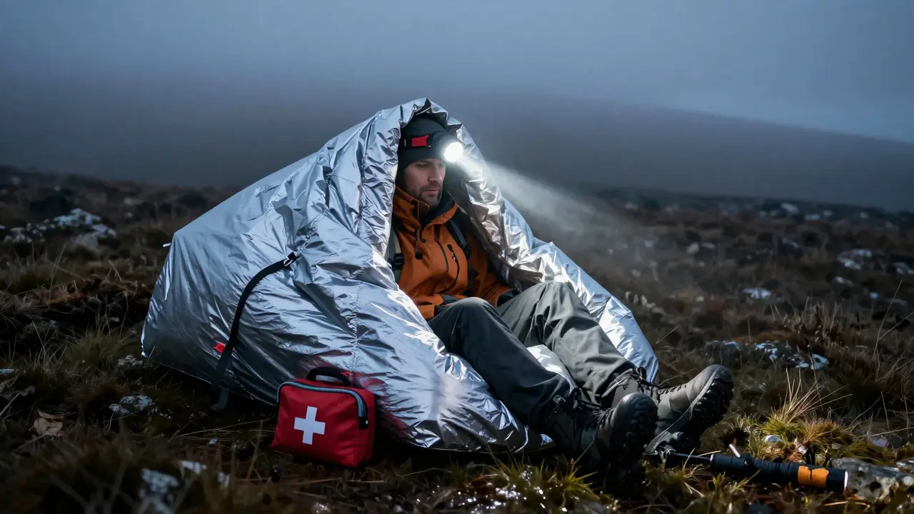 Hiker using a silver bivy sack and headtorch for emergency shelter in fog
