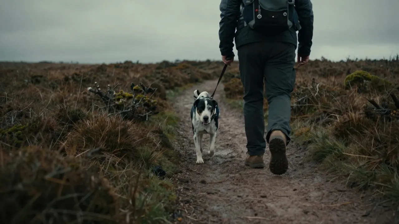 Hiker with leashed dog on a narrow path in wet peatland