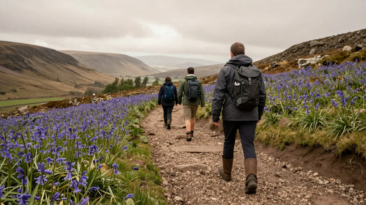 Hikers on a muddy trail amidst bluebell meadows in the Pentland Hills