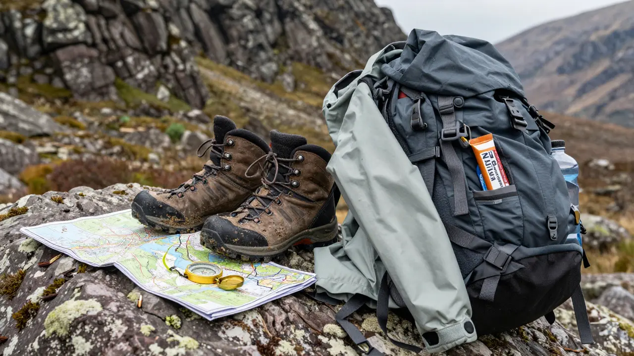 Hiking boots, map, and gear on a rock with geological cliffs behind