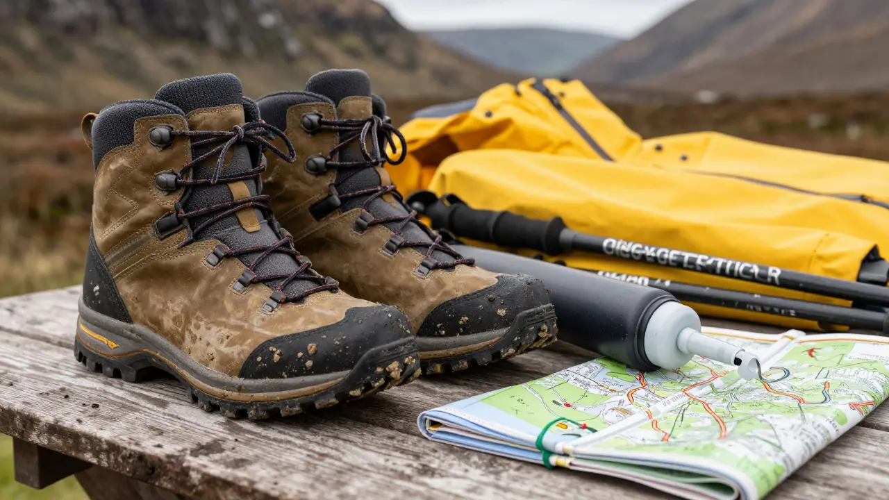 Hiking gear including boots, rain jacket, and map on wooden table