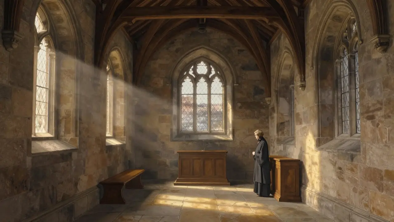 Interior of historic St. Margaret's Chapel with soft sunlight