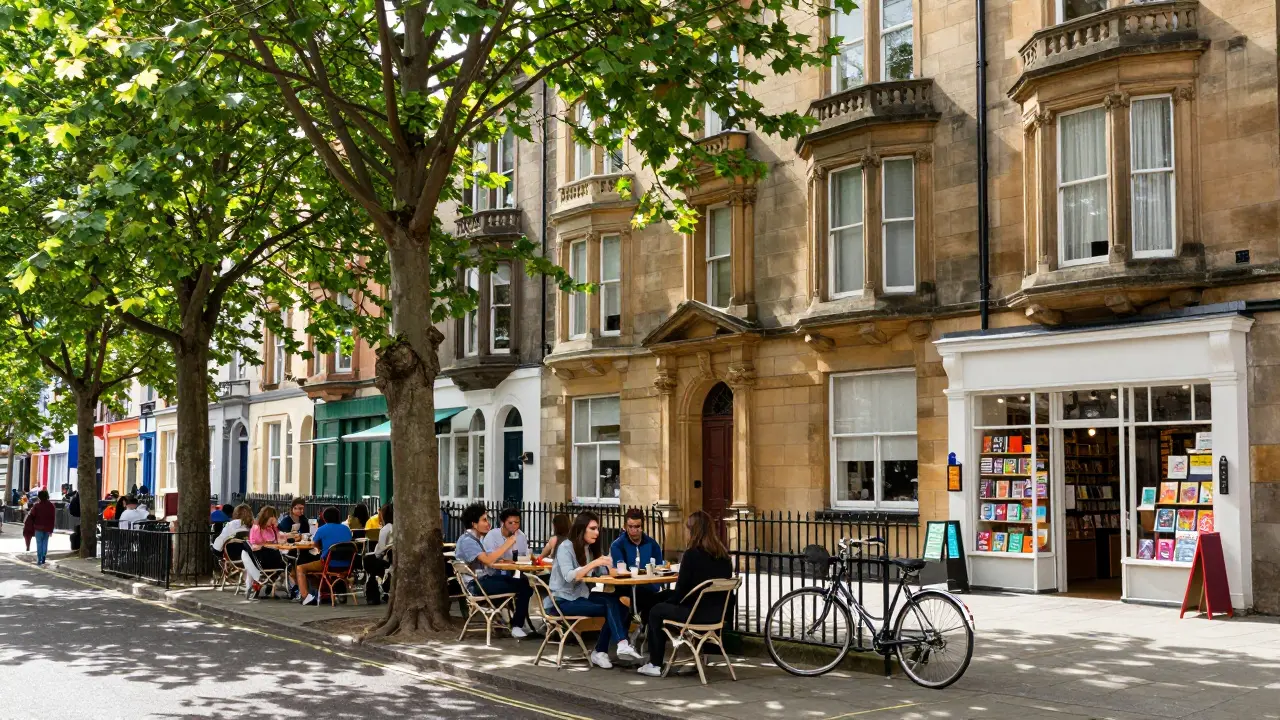 Leafy Victorian street in Glasgow West End with outdoor cafes and students