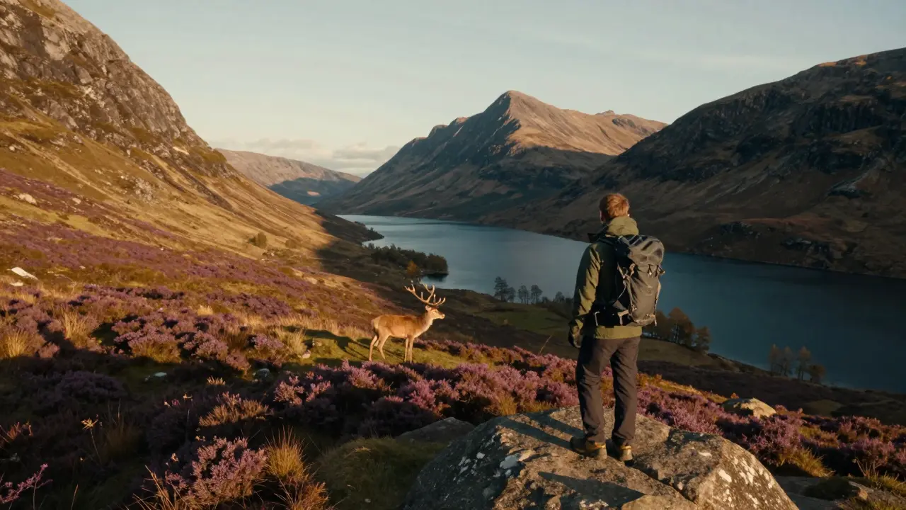 Lone hiker viewing Loch Leven and red deer in golden hour light