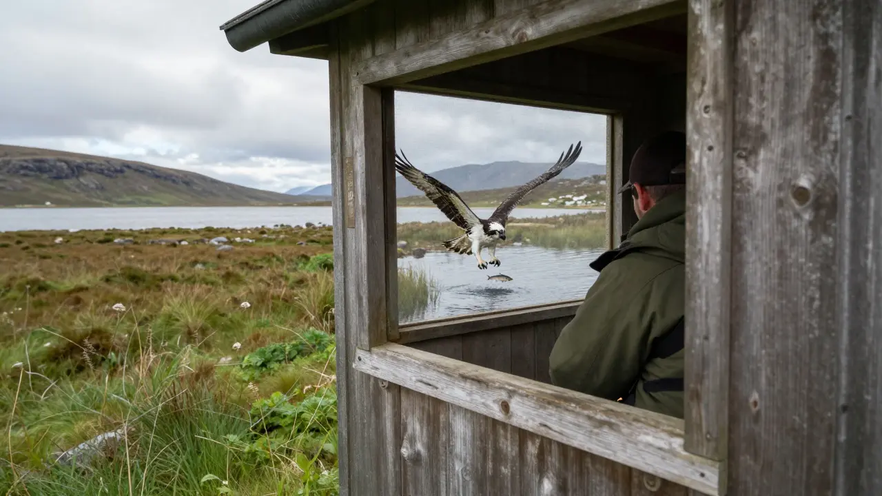 Osprey diving for fish viewed from a wooden birdwatching hide in Tiree