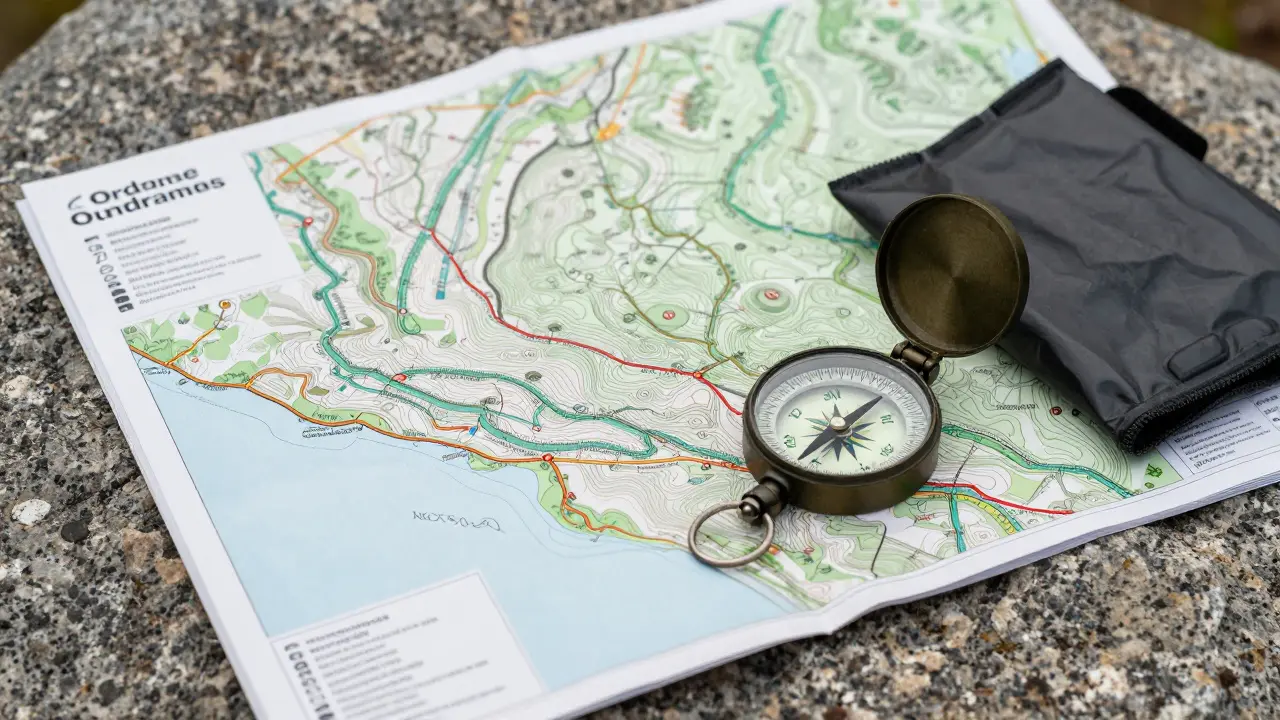Paper OS map and compass on a rock, symbolizing reliable navigation tools