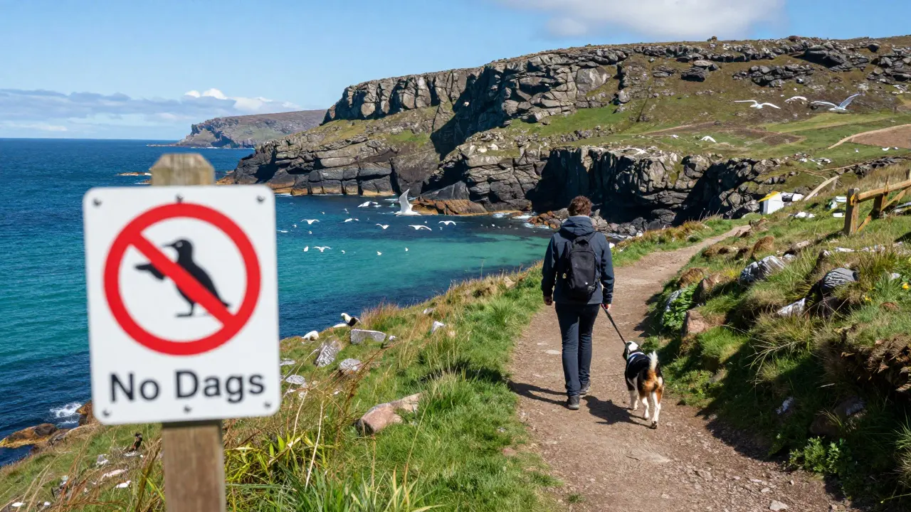 Person walking dog on lead near coastal trail with warning sign