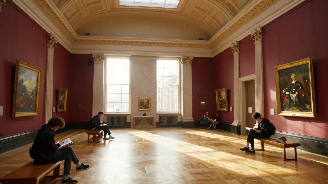 Quiet early morning scene of students studying in the grand halls of Kelvingrove Art Gallery.