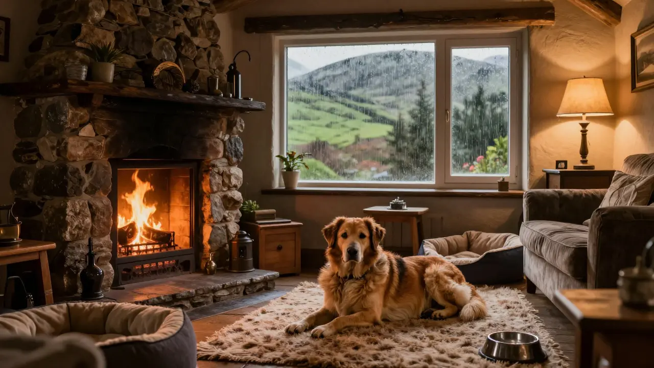 Relaxed dog resting by fireplace in cozy Scottish cottage