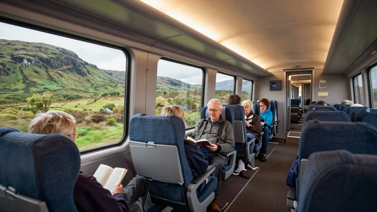 Relaxed seniors traveling by train through Scottish Highlands