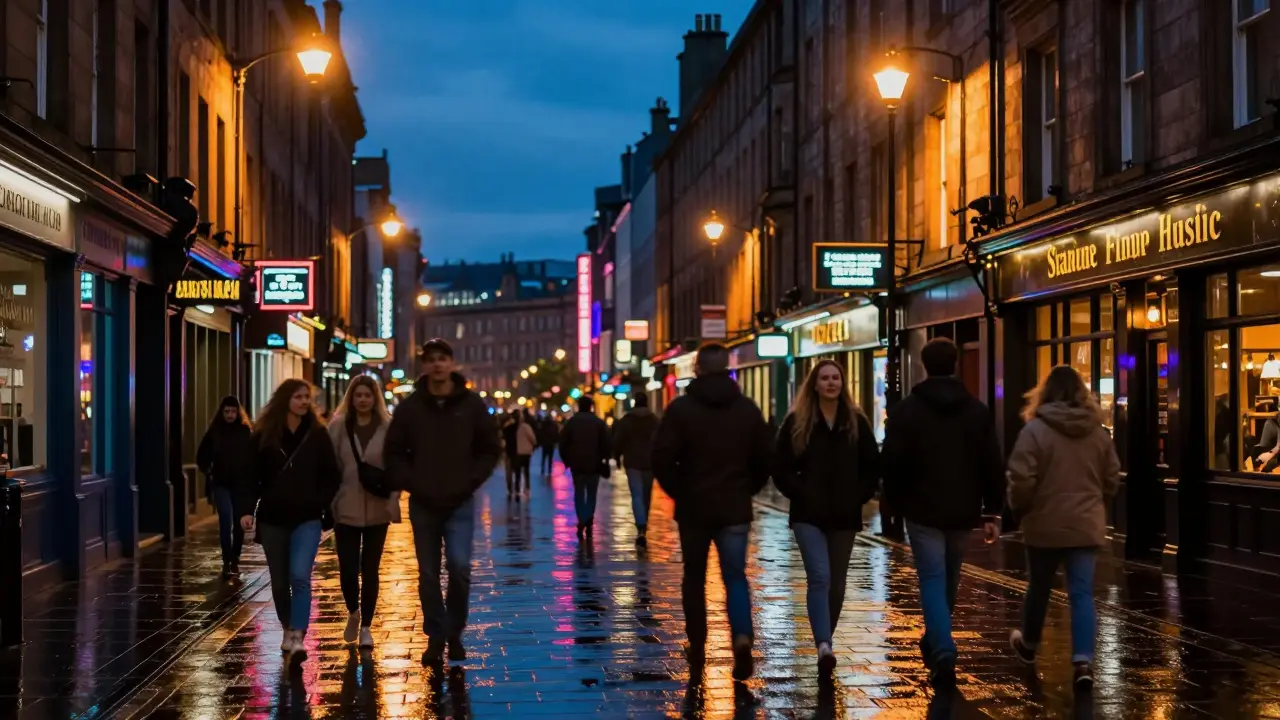 Sauchiehall Street nightlife with neon lights