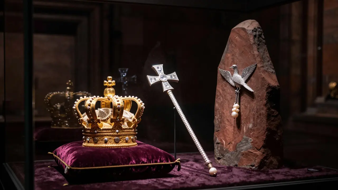 Scottish Crown Jewels and Stone of Destiny in dimly lit display room