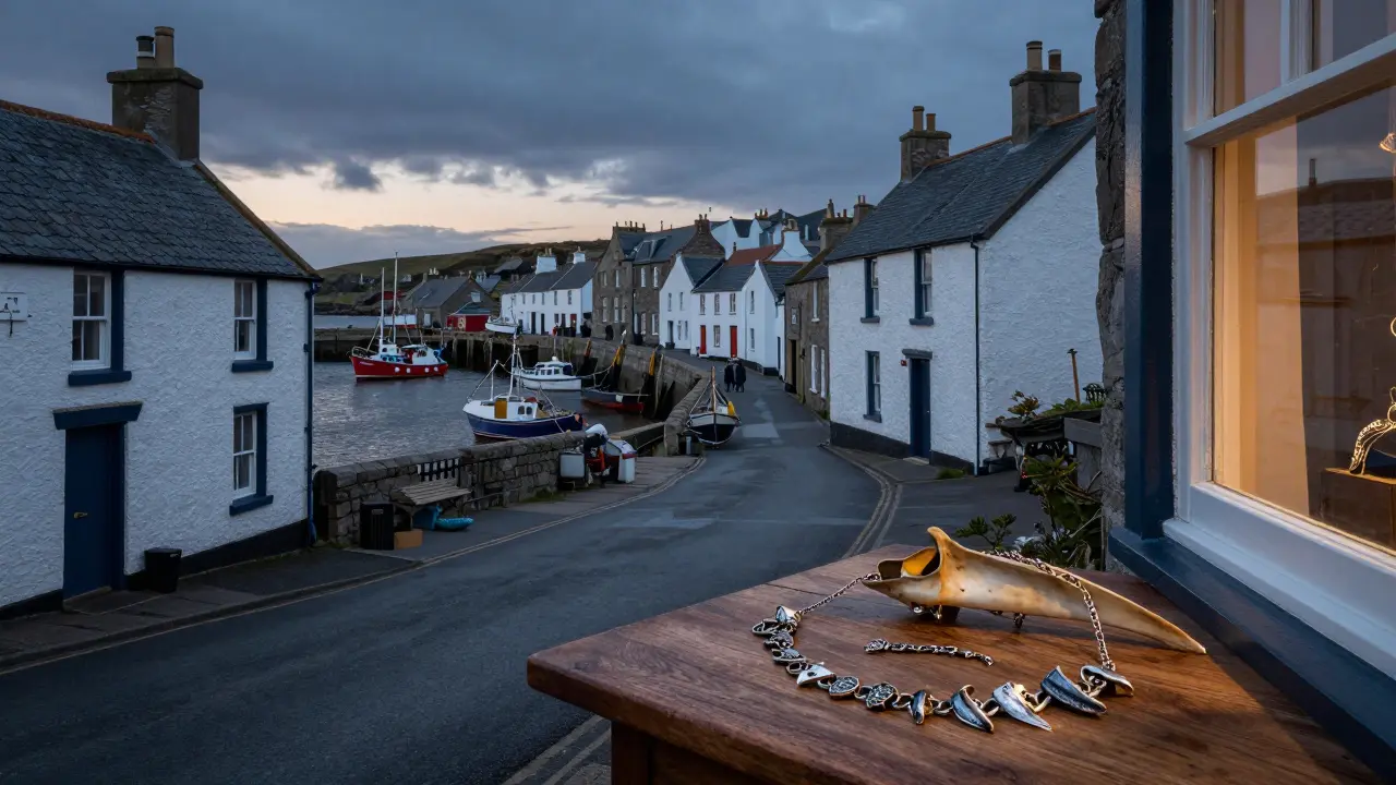 Scottish fishing village harbor with herring bone jewelry display