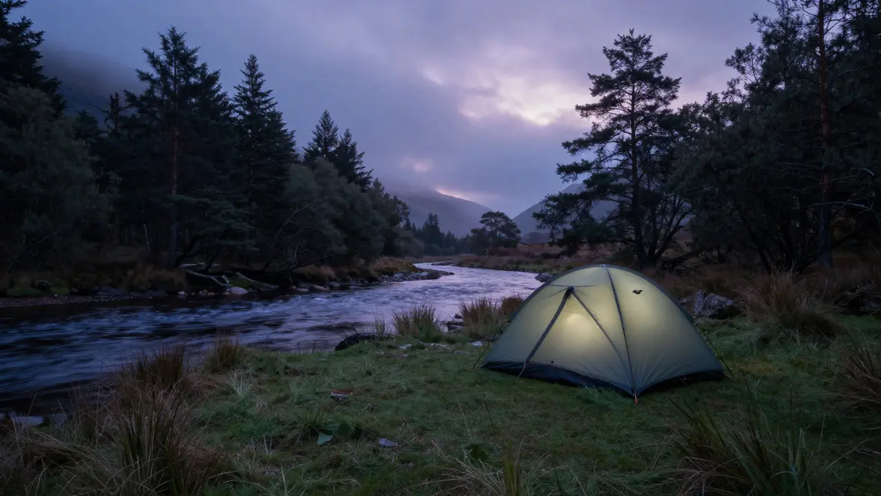 Secluded tent campsite by River Cannich in mist