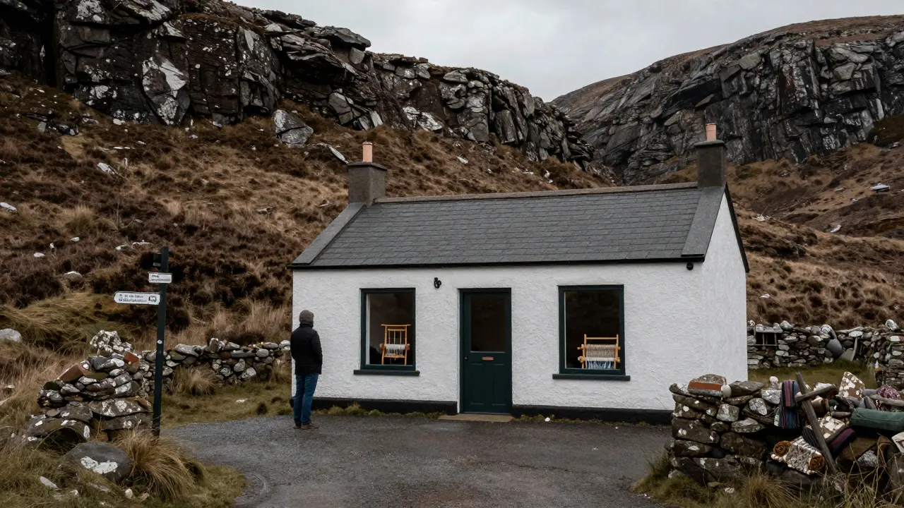 Small Highland community museum amidst rugged coastal landscape