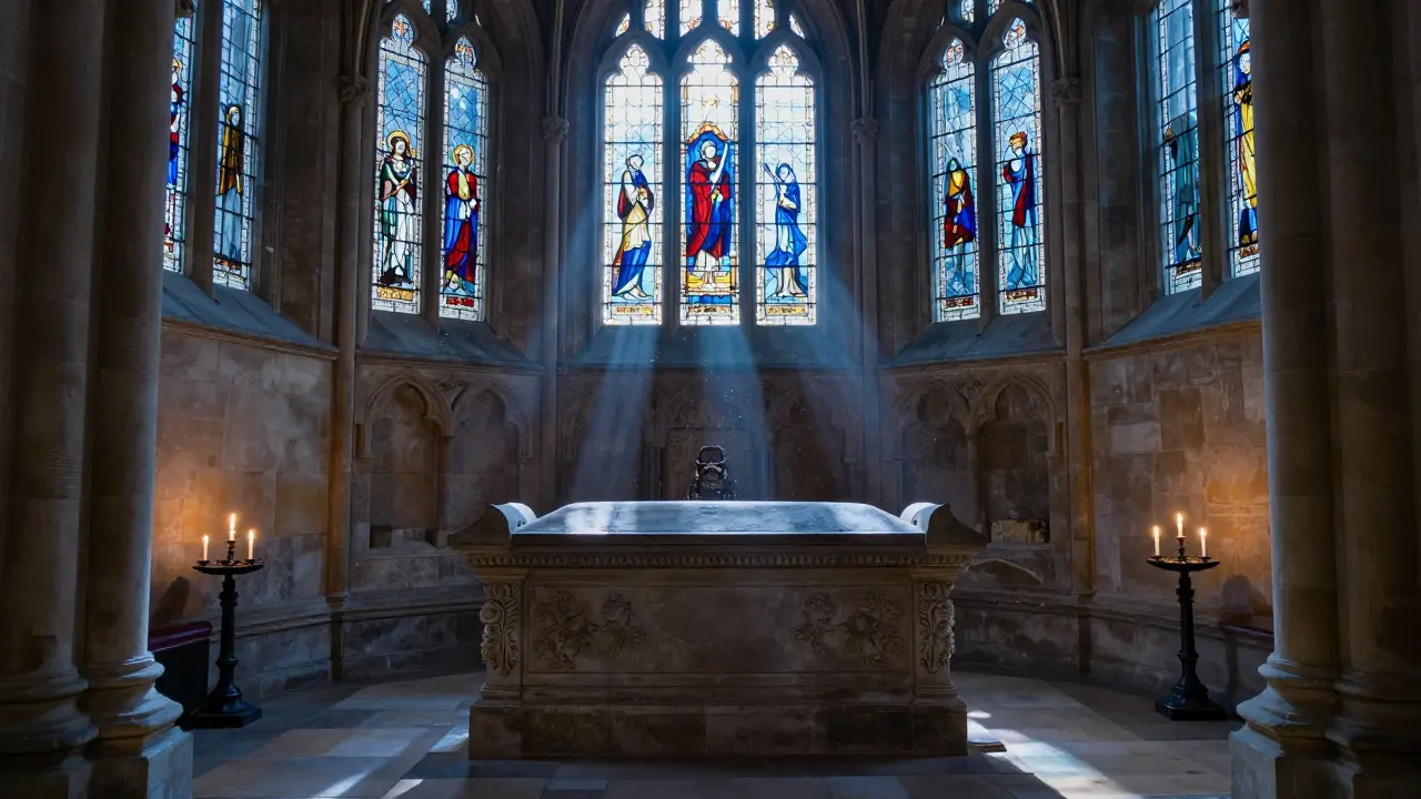 Stone tomb inside Dunfermline Abbey illuminated by candlelight
