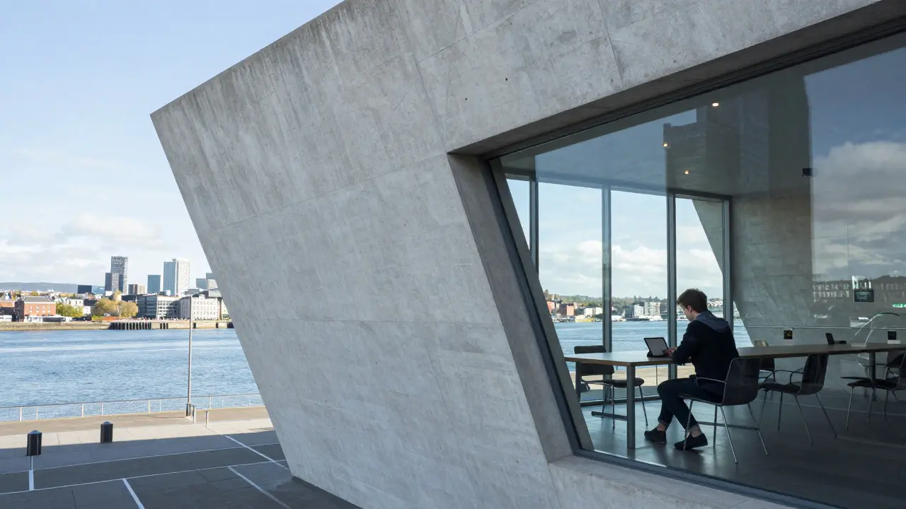 Student working at a window seat in V&amp;A Dundee with panoramic views of the river.