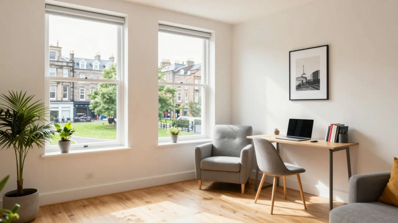 Sunlit modern studio apartment interior with workspace and view of greenery